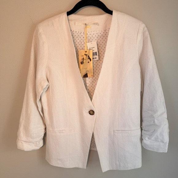 Gibson White Linen Blazer Ruched Sleeves Collarless One Button Workwear Medium - Picture 2 of 15